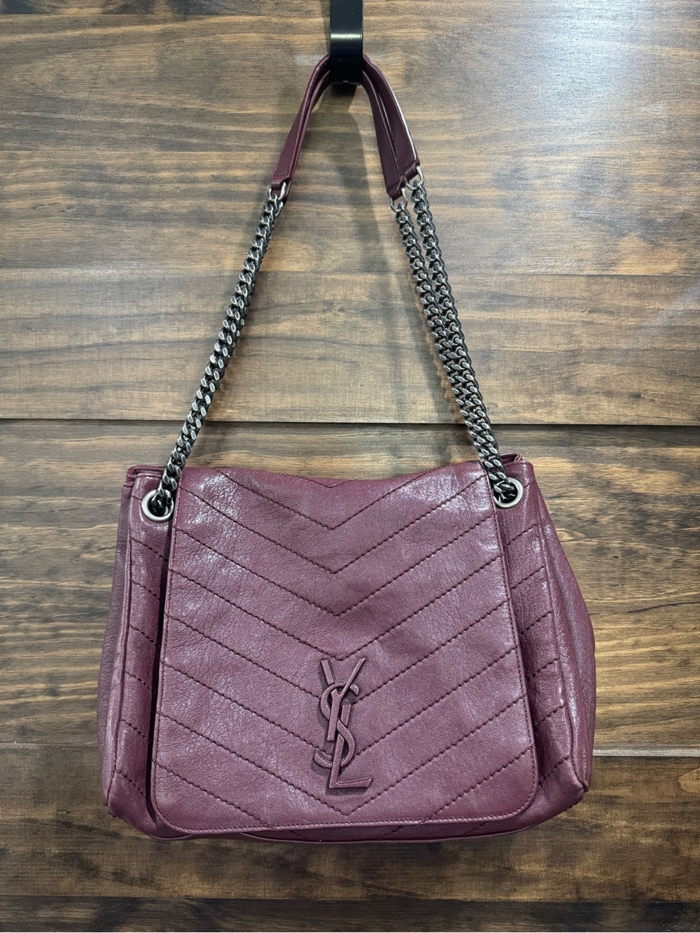 Yves Saint Laurent Medium Niki Chevron Bag in Burgundy Chevron Pattern